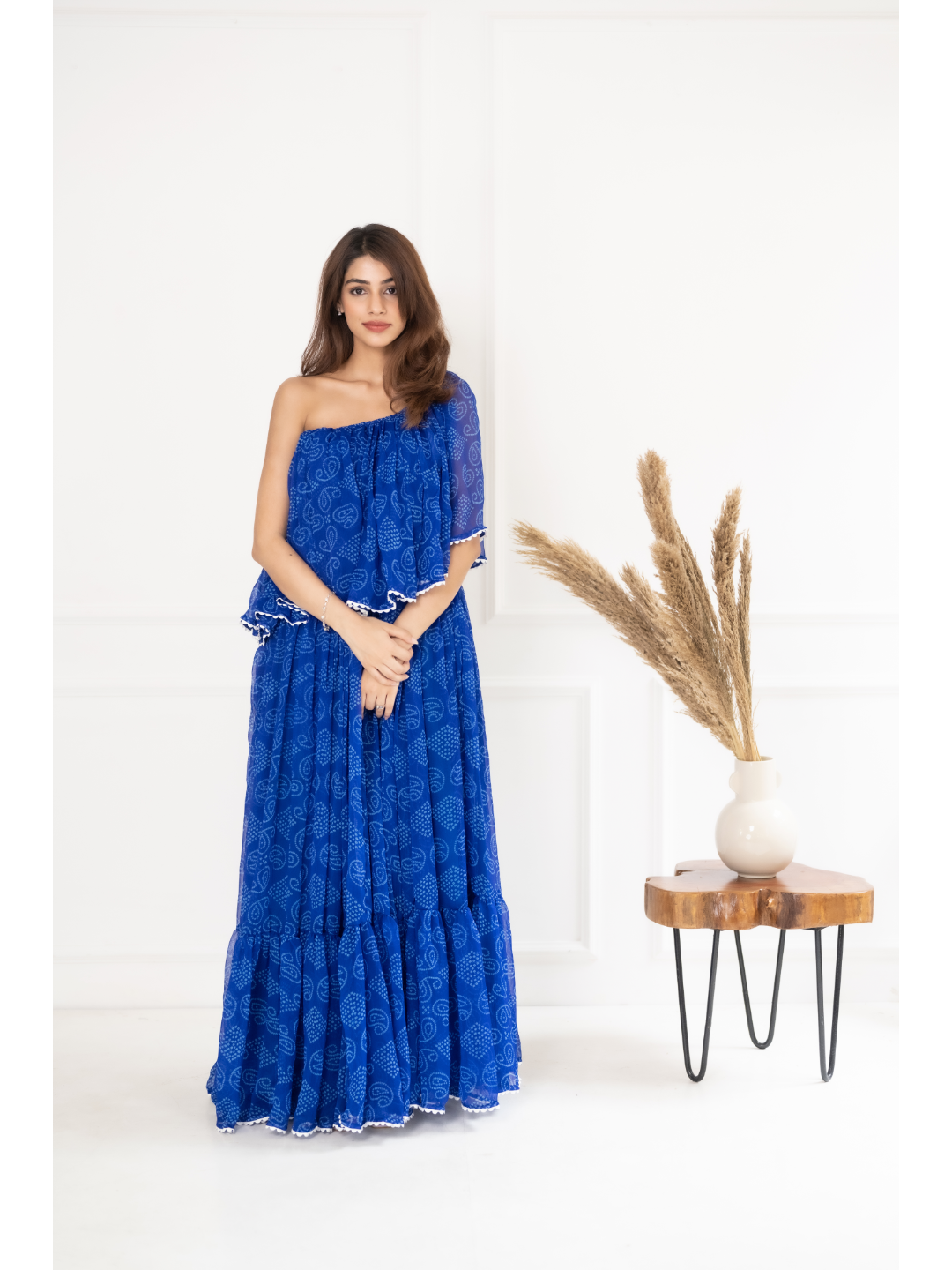 Blue Bandhani Off-Shoulder Dress